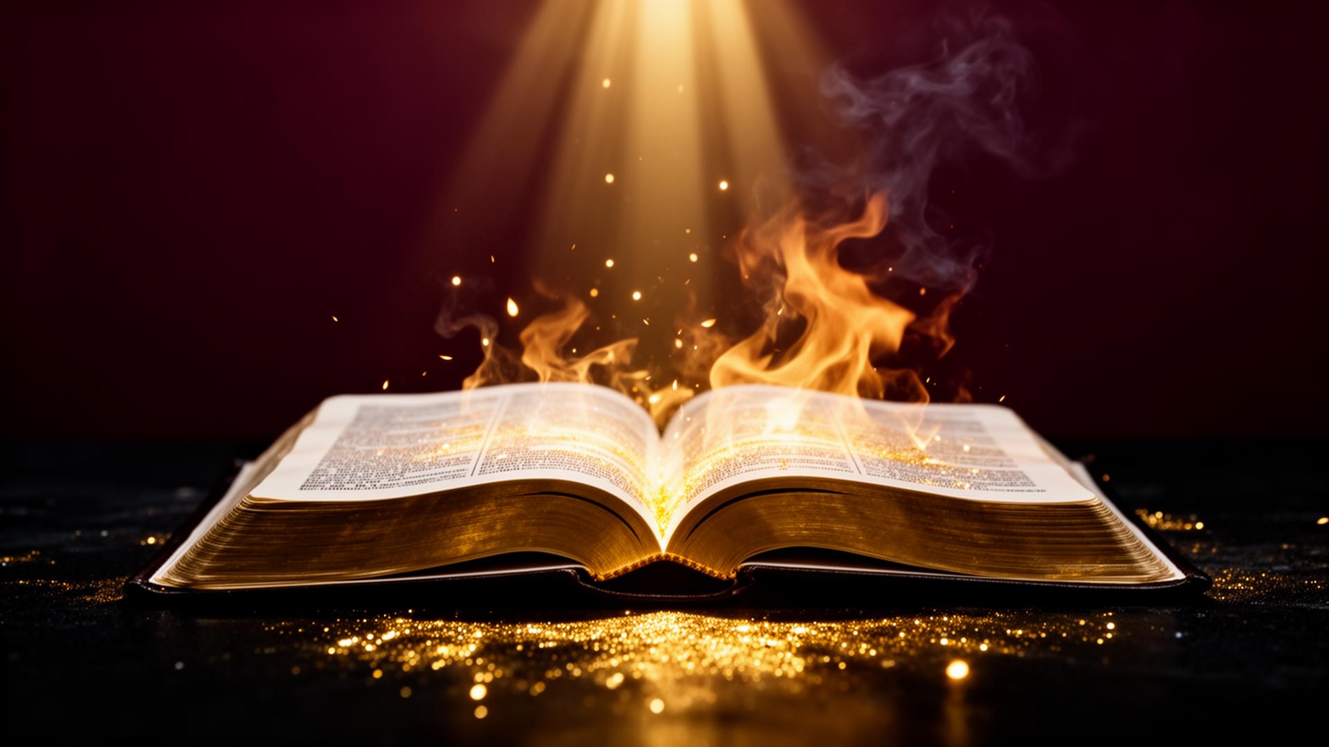 Open Bible with golden flame rising from its pages